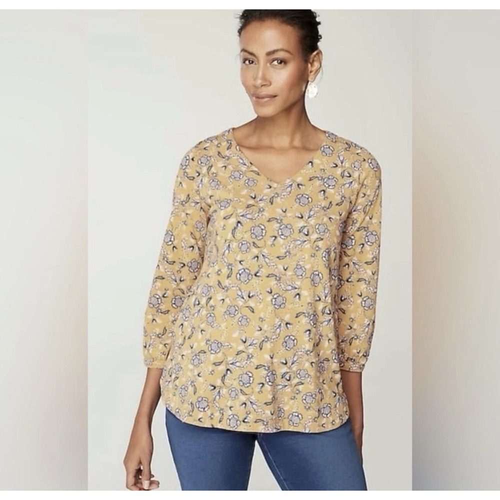J. Jill Pure Jill Printed V-Neck Top Yellow Floral Medium Tall 3/4 Sleeves